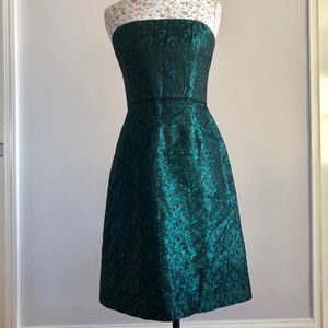Green/blue vintage jacquard strapless dress